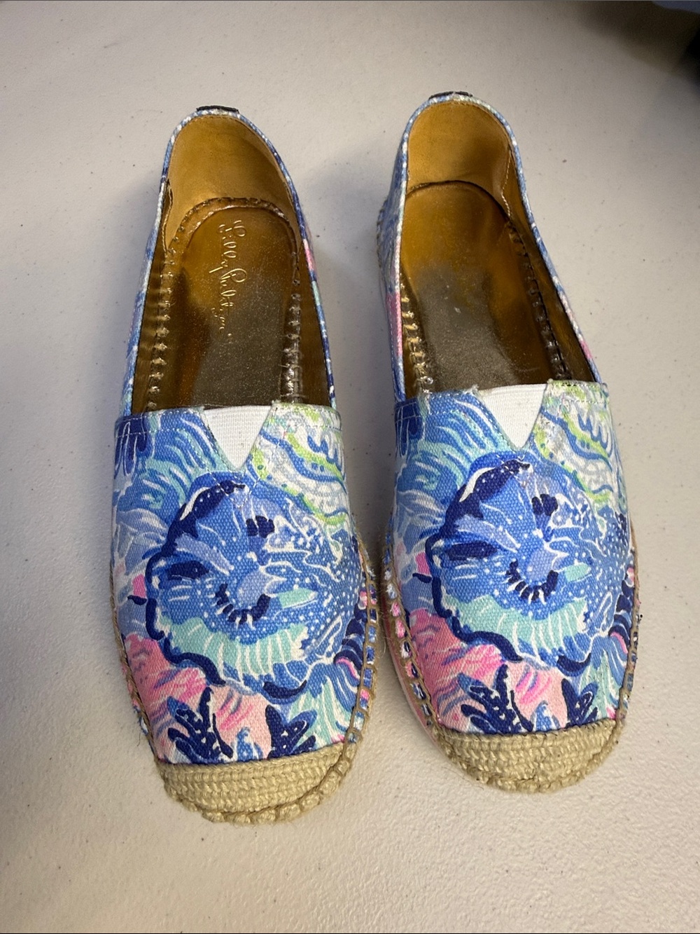 Lilly Pulitzer Blue Floral Canvas Espadrille Flats with Pink & Mint Accents